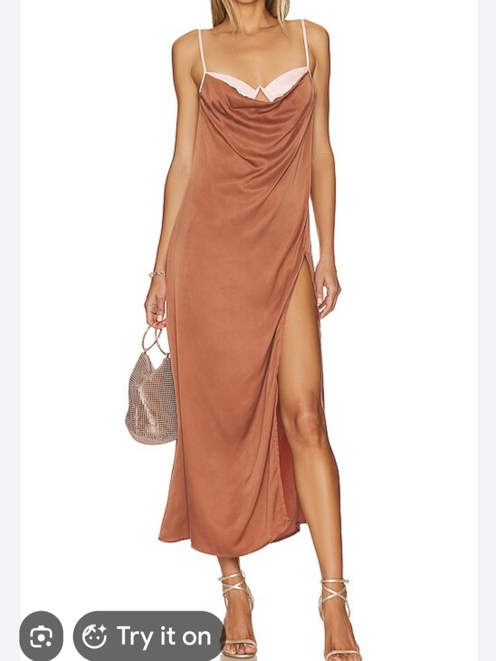 For Love & Lemons Rust Satin Slip Dress with Pink Accent